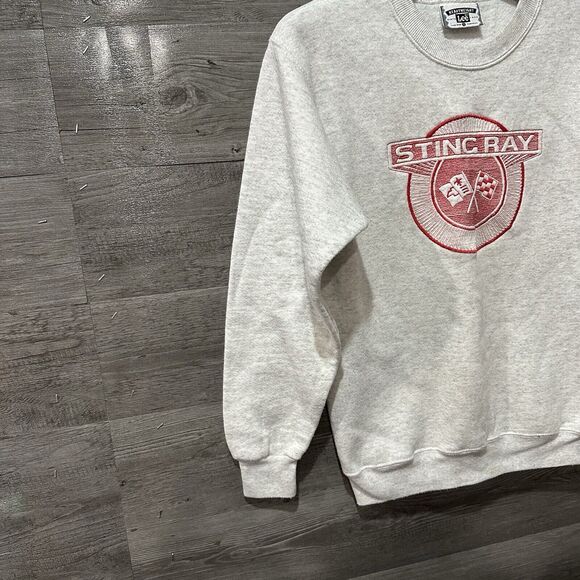 Vtg Lee Heavy Weight Crewneck Sweater Gray Embroidered Stingray Corvette Small - Picture 6 of 7